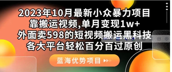 外面卖598的10月最新短视频搬运黑科技，各大平台百分百过原创 靠搬运月入1w-大源资源网