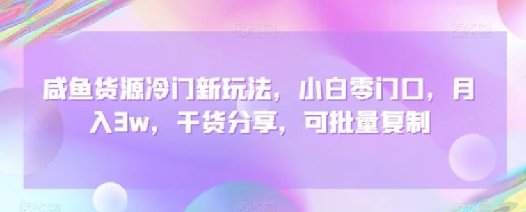 咸鱼货源冷门新玩法，小白零门口，月入3w，干货分享，可批量复制-大源资源网