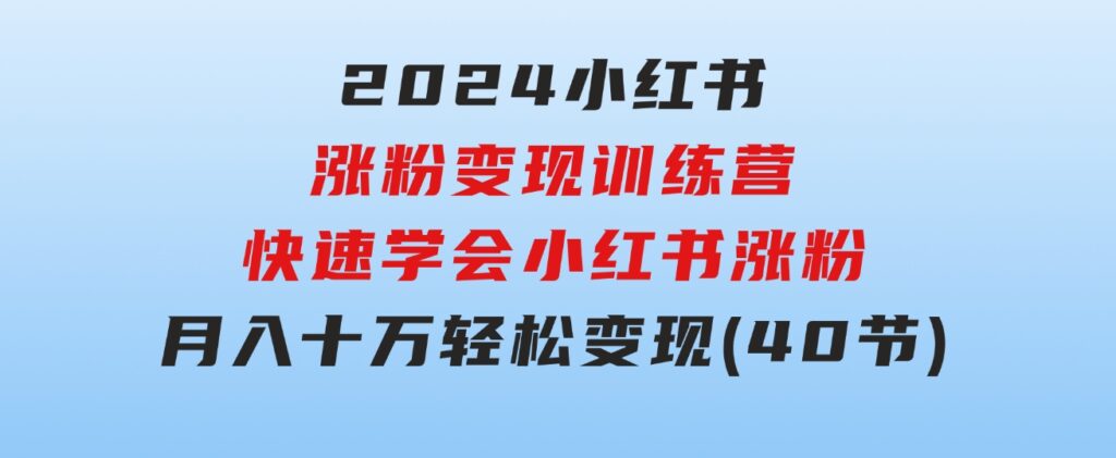 2024小红书涨粉变现训练营，快速学会小红书涨粉，月入十万轻松变现(40节)-大源资源网