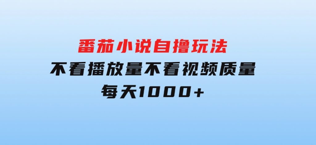 番茄小说自撸玩法！不看播放量！不看视频质量！每天1000+-大源资源网