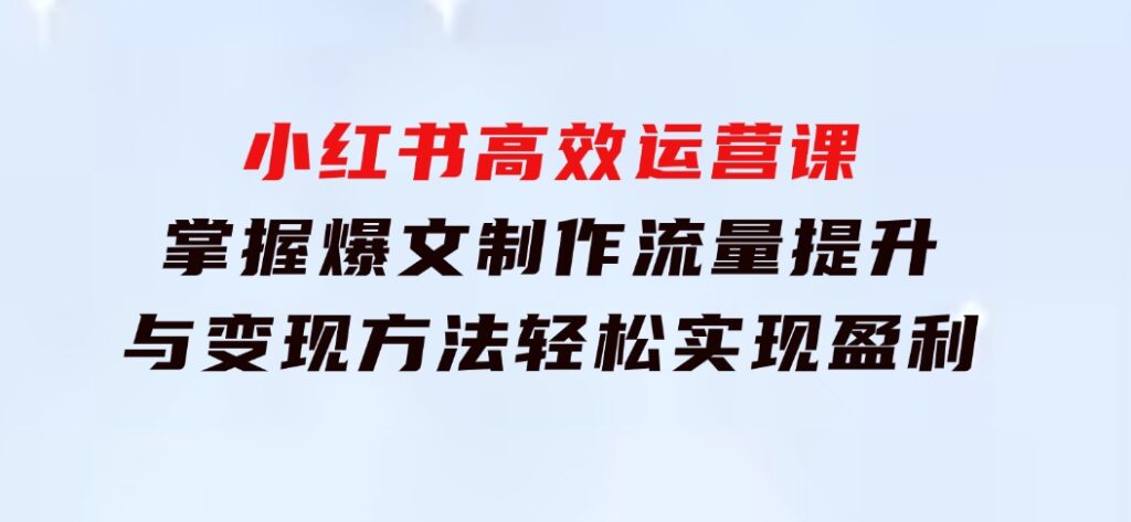 小红书高效运营课：掌握爆文制作、流量提升与变现方法，轻松实现盈利-大源资源网