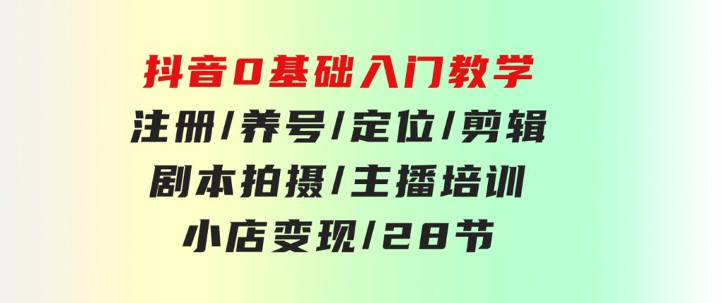 抖音0基础入门教学注册/养号/定位/剪辑/剧本拍摄/主播培训/小店变现/28节-大源资源网