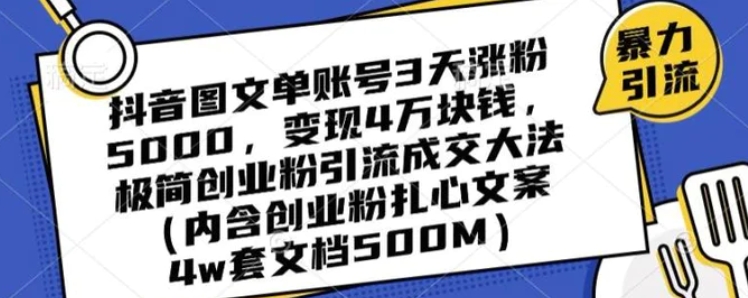 抖音图文单账号3天涨粉5000，变现4万块钱，极简创业粉引流成交大法-大源资源网