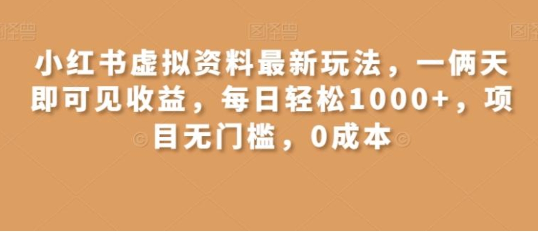 小红书虚拟资料最新玩法，一俩天即可见收益，每日轻松1000+，项目无门槛，0成本-大源资源网