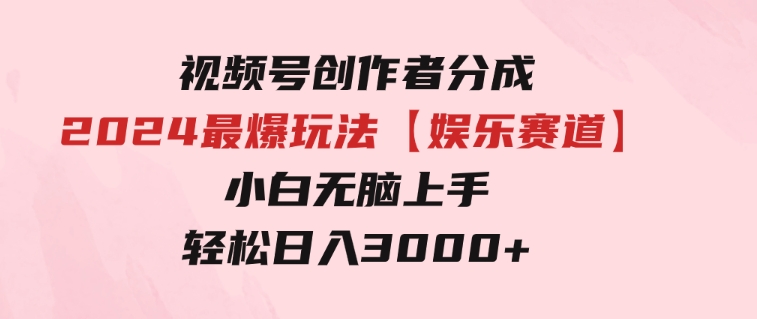 视频号创作者分成2024最爆玩法【娱乐赛道】，小白无脑上手，轻松日入3000+-大源资源网